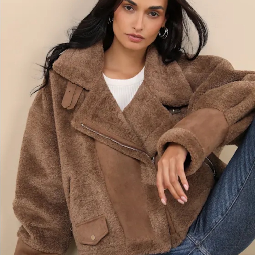 LULUS Brown Sherpa Moto Jacket